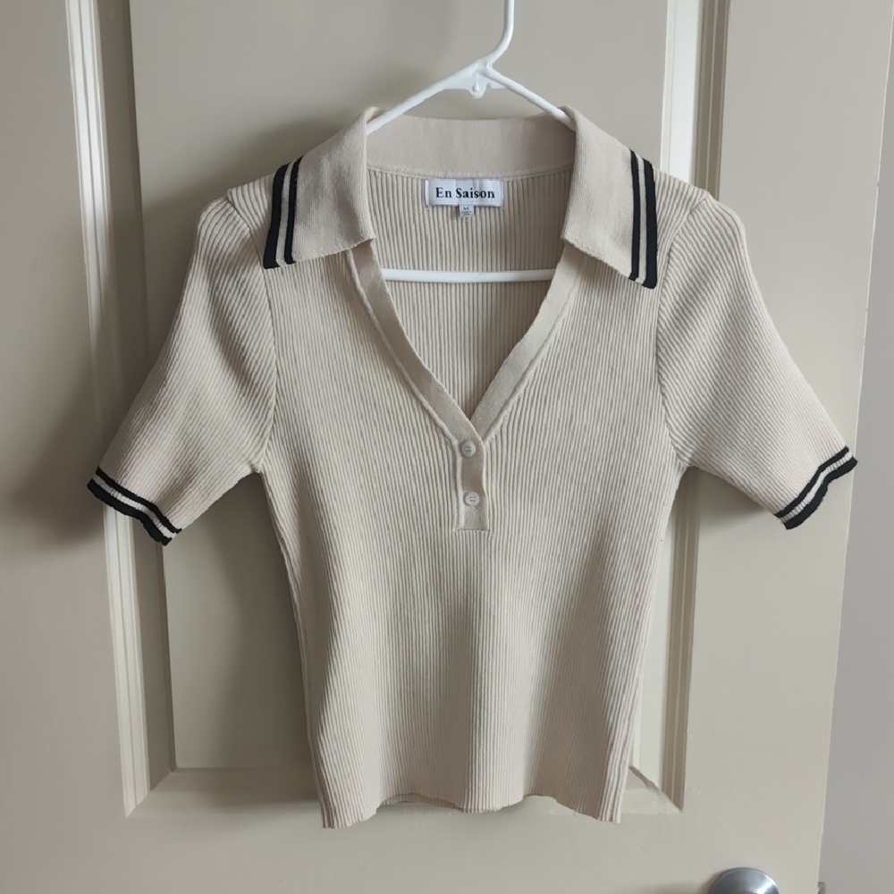 En Saison Cream Ribbed Collared Top - Picture 1 of 5